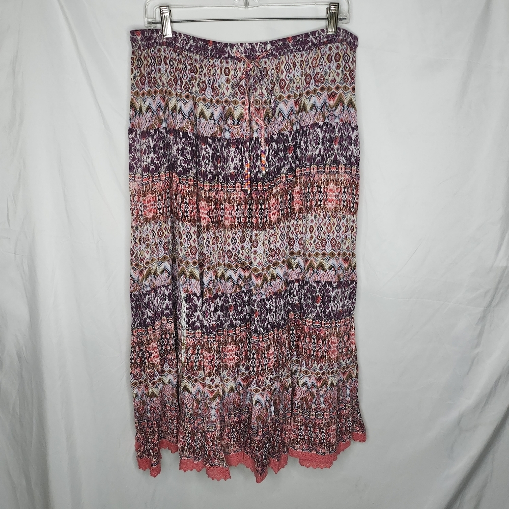 Kim Rogers Ikat Western Aztec BOHO Mixed Media Crochet Beaded Drawstring Skirt L